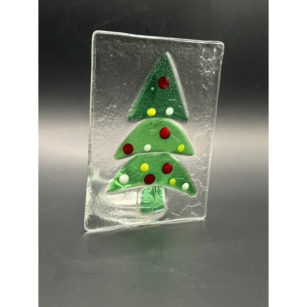 Handmade Fused Art Glass Christmas Tree Tea Light‎ Candle Holder 4.375
